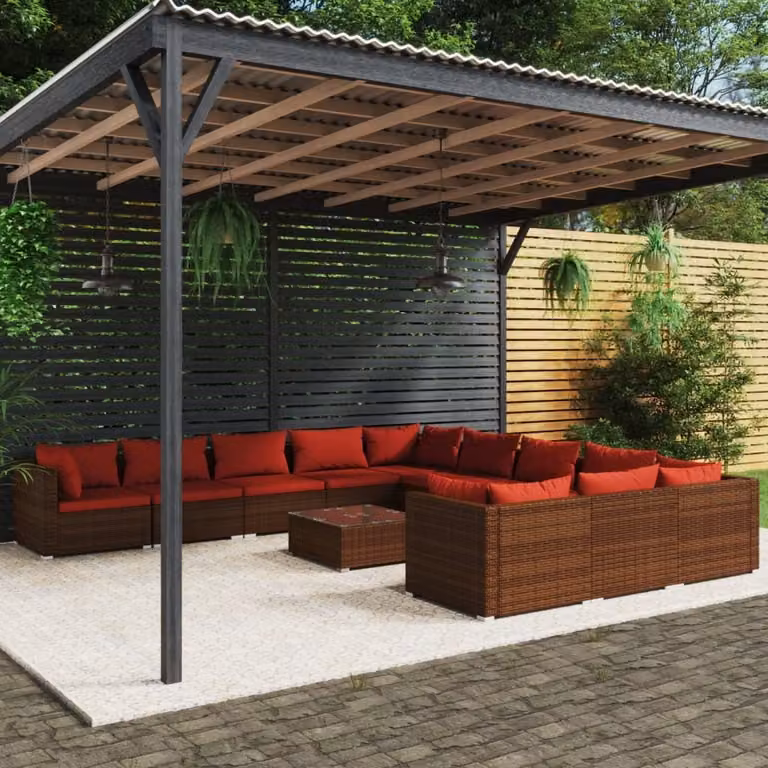 The Living Store Set salotto da giardino 12 pezzi con cuscini in poly rattan marrone