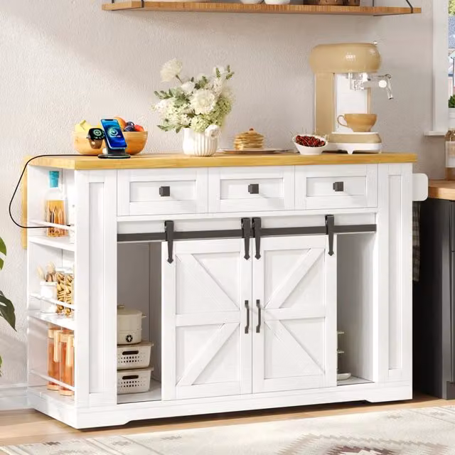Isola cucina con piano di lavoro ribaltabile, carrello con ante scorrevoli e ripiani, 130 × 50 (80) × 87 cm, MDF