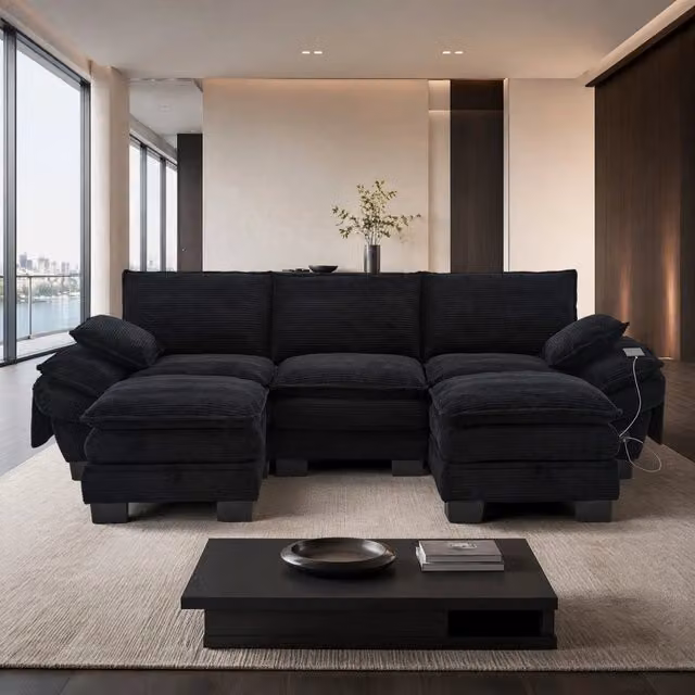 Divano modulare 3 posti ULEVR 260x132x84 cm con 2 pouf, USB-C e tasche laterali, nero