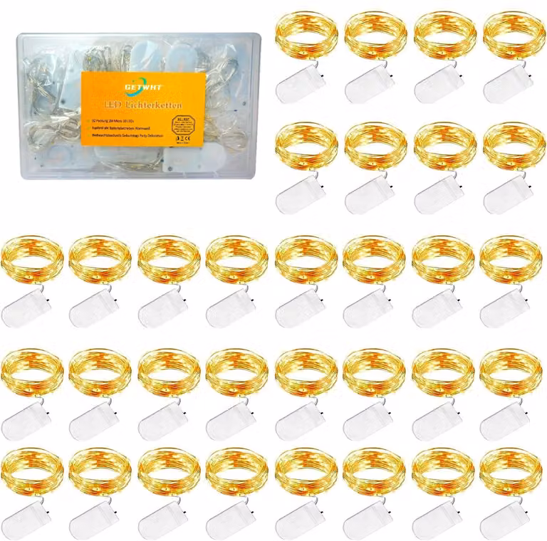 Catena luminosa a LED, 32 luci bianco caldo, 1 metro, alimentata a batteria