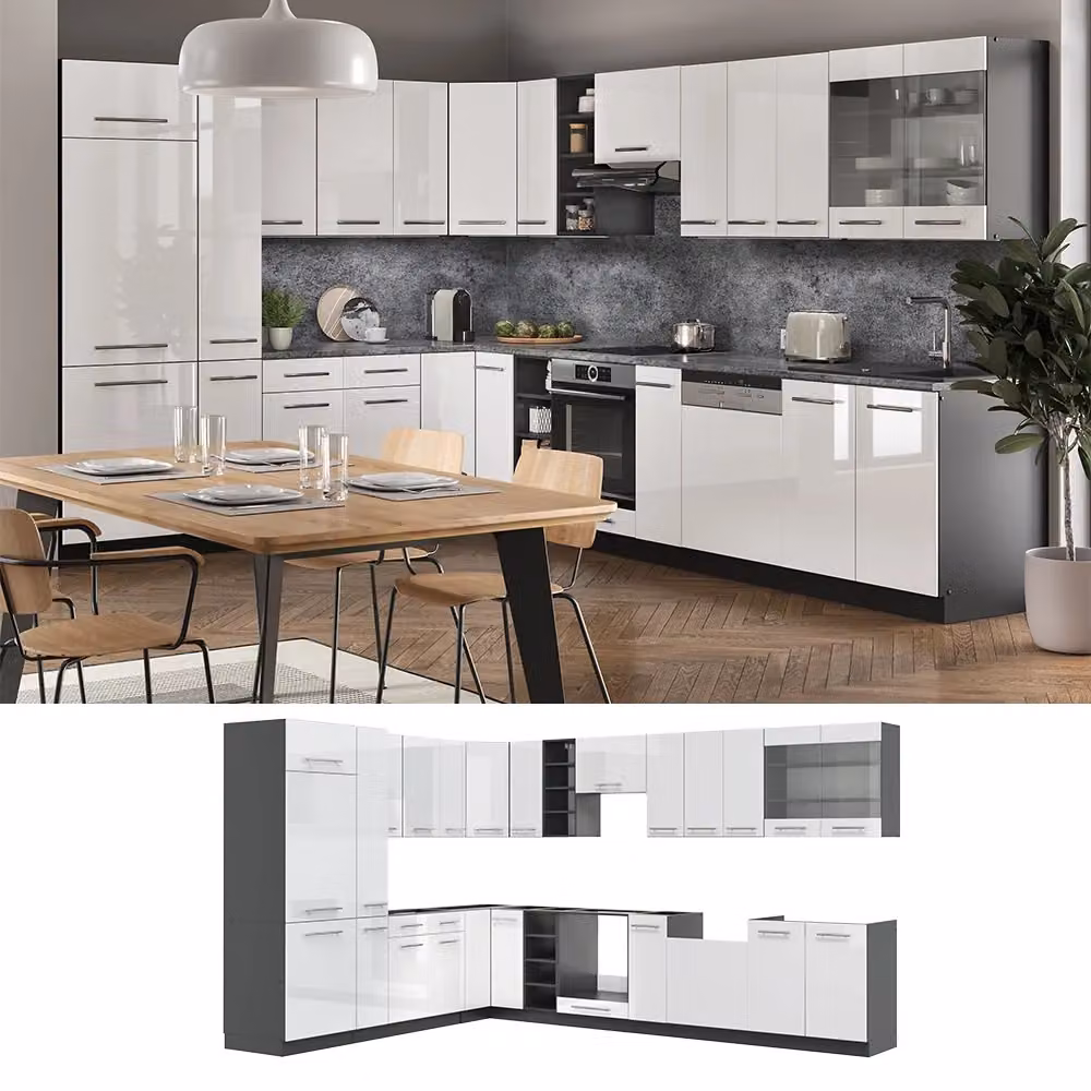 Cucina angolare completa Vicco Fame-Line Bianco lucido e Antracite senza piano di lavoro 347 x 257 cm – 2