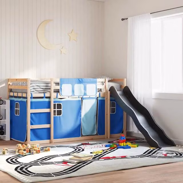Letto a castello per bambini vidaXL in legno di pino con scivolo e tende blu e antracite L/P/H: 205.5 x 80 x 113 cm – 1