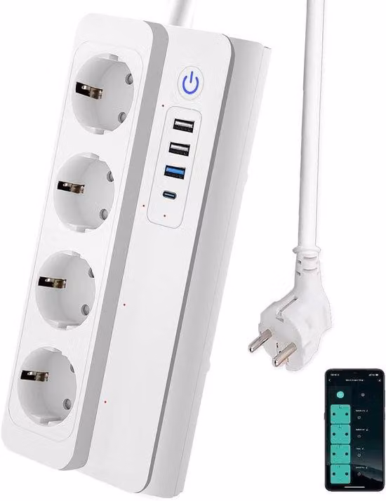 Presa intelligente 3.0 con 4 prese di corrente AC, 1 caricabatterie USB-C (PD 20 W) e 3 porte USB-A, con una corrente massima di 16 A