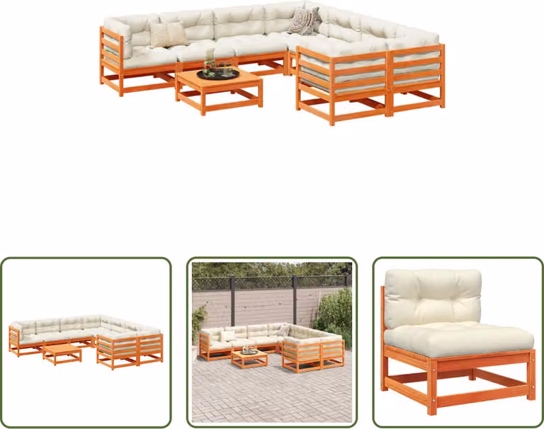 The Living Store Set di divani da giardino 9 pezzi con cuscini in legno di pino marrone cera