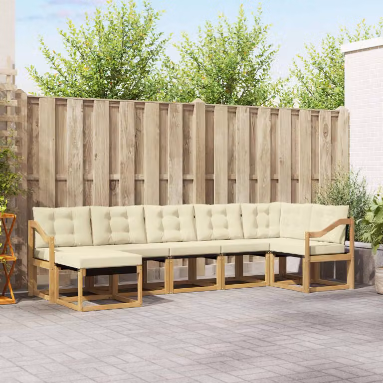 vidaXL Set di divani da esterno a L composto da 7 pezzi in legno di acacia con cuscini in tessuto bianco e beige
