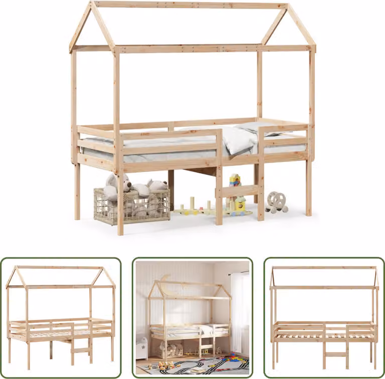 The Living Store Letto a soppalco con tetto 80x200 cm in legno di pino massiccio