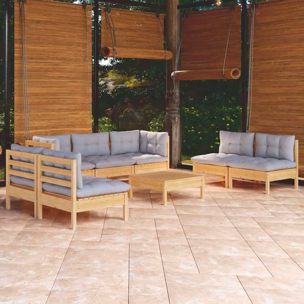Set di divani da giardino vidaXL a forma di L composto da 8 pezzi in legno massello di pino con cuscini grigi e pouf