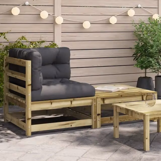 Divano Angolare da Giardino Design Mania in Legno di Pino con Cuscini e Poggiapiedi, Grigio Antracite – 1