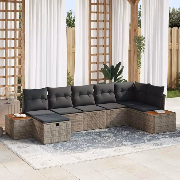 Set Divano da Giardino a L vidaXL 7 pz Grigio con Cuscini e Tavolino in Polyrattan e Acciaio
