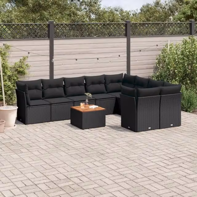 Set Divani da Giardino 10pz con Cuscini in Polyrattan Nero 3256146