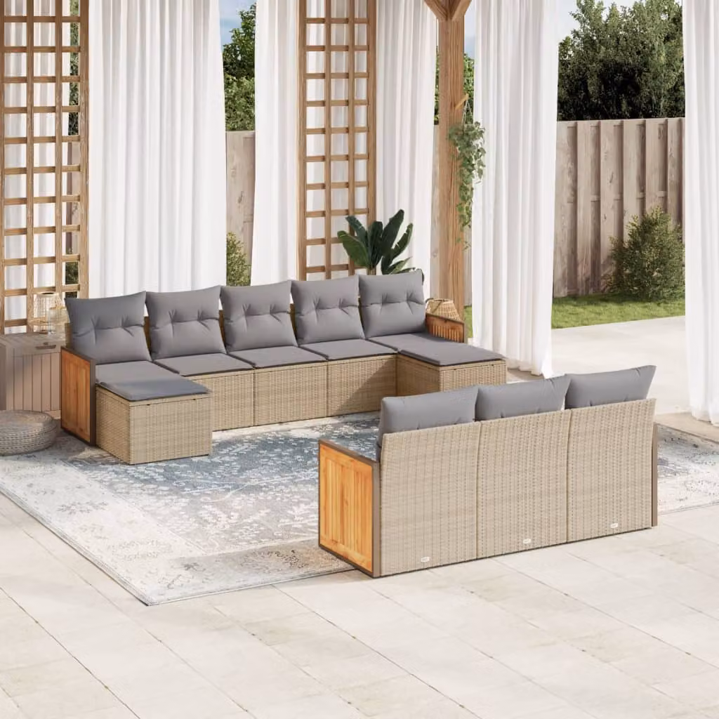 vidaXL Set Divano da Giardino 10 pz in Polyrattan con Cuscini Beige e Struttura in Legno di Acacia – 1