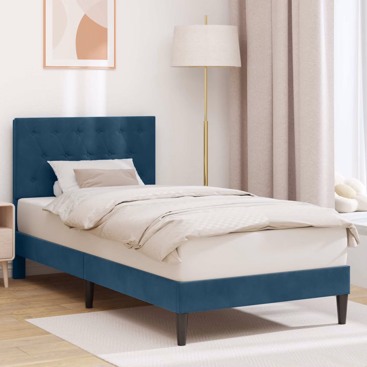Struttura del letto con testiera vidaXL in velluto blu, dimensioni 90 x 200 cm