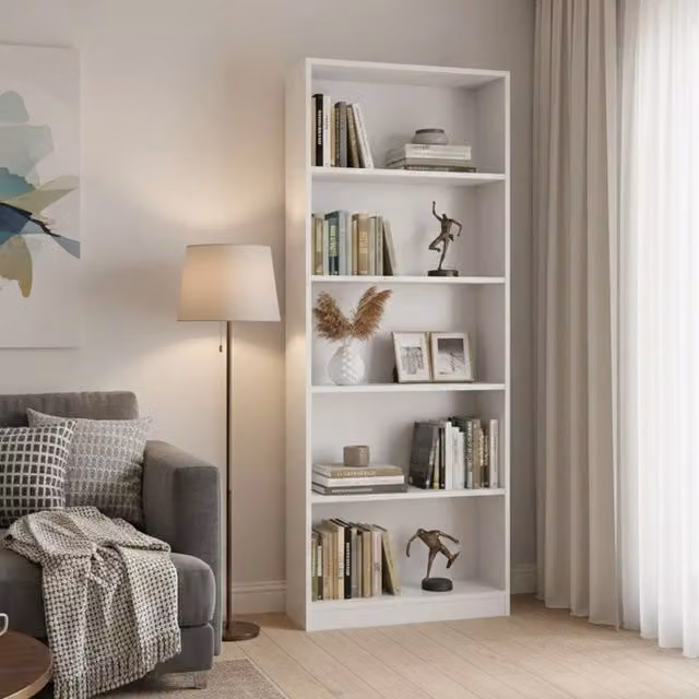 Libreria Abla DMORA, Mobile portalibri moderno a 4 ripiani, Bianco, L: 80 cm, P: 28 cm, H: 201 cm – 1