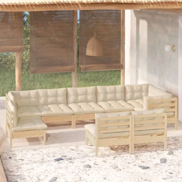 Set di Divani da Giardino vidaXL in Legno di Pino Massello con Cuscini Beige, 9 Pezzi – 1