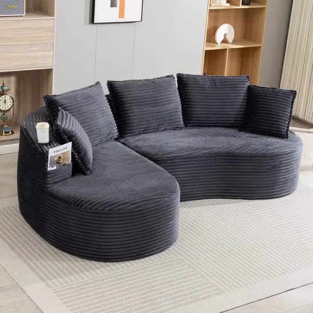 Divano ad arco in velluto a coste con portabevande e tasche laterali; 250x152x82 cm; grigio scuro