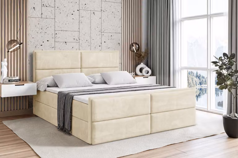 Letto boxspring ALTDECOR con pediera, materasso H4 e topper - 120x200 cm - AURA-Z - Velluto beige - Letto imbottito con contenitore e rete a doghe, letto con spazio contenitivo