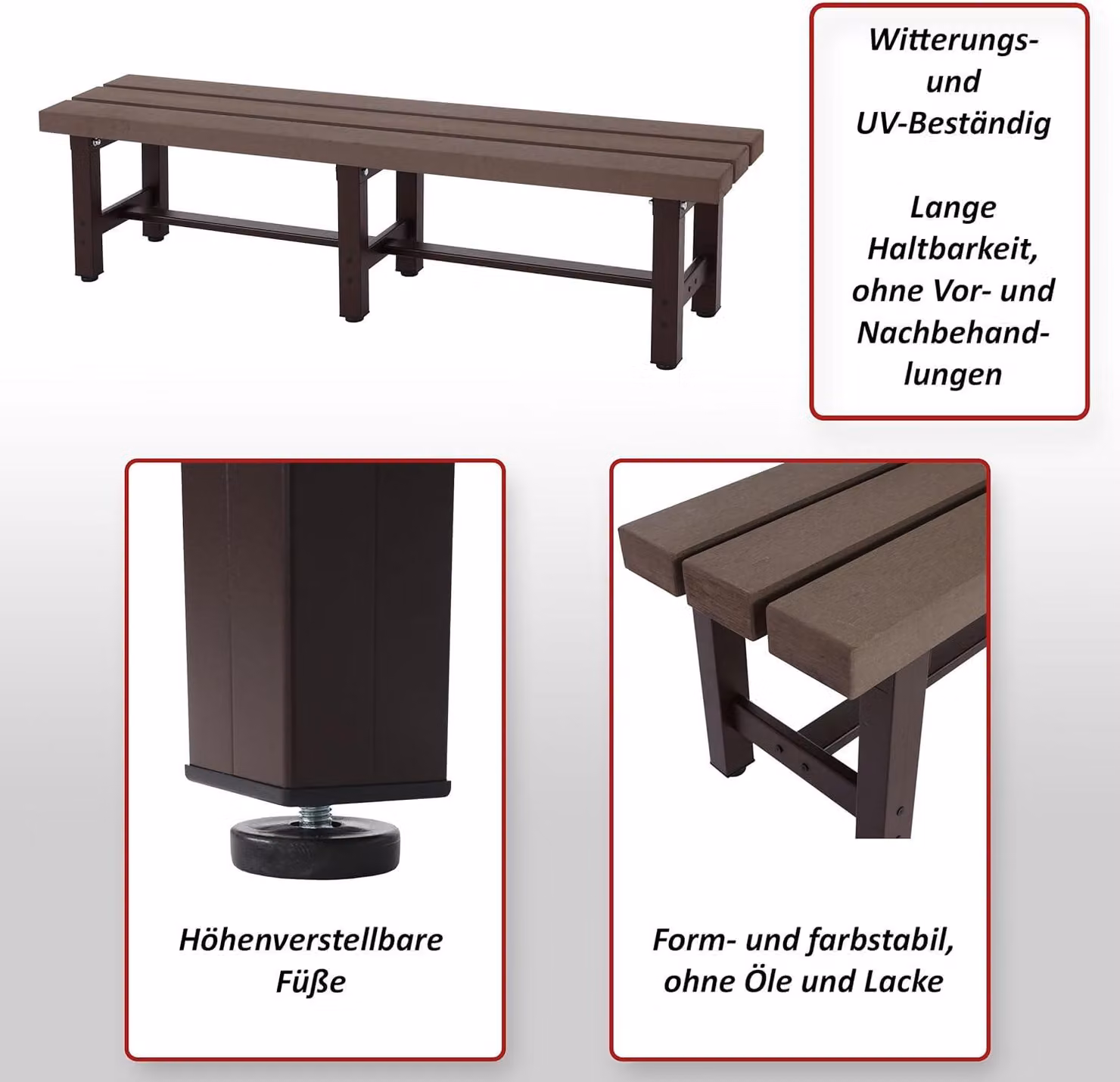 Panca da giardino - Panca da esterno - Panca per parco - Panca per balcone - Panchina - Materiale composito resistente agli agenti atmosferici - Gambe regolabili - 150 cm
