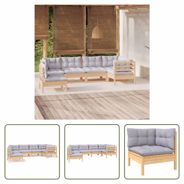 The Living Store Set da giardino da 6 pezzi con cuscini grigi in legno di pino