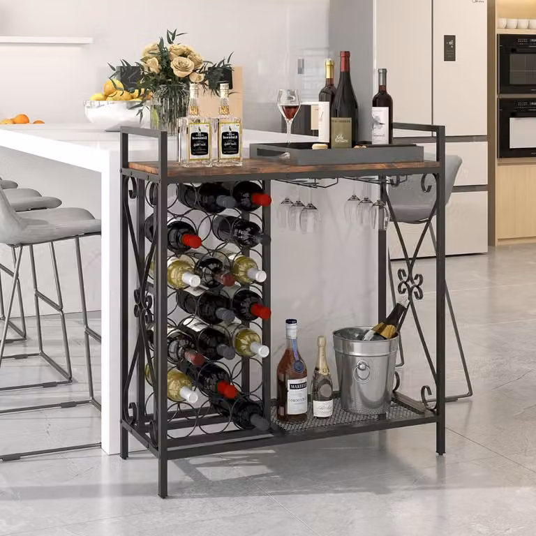 Portabottiglie da vino Costway per 21 bottiglie con supporto per bicchieri e piano in legno, Marrone e Nero