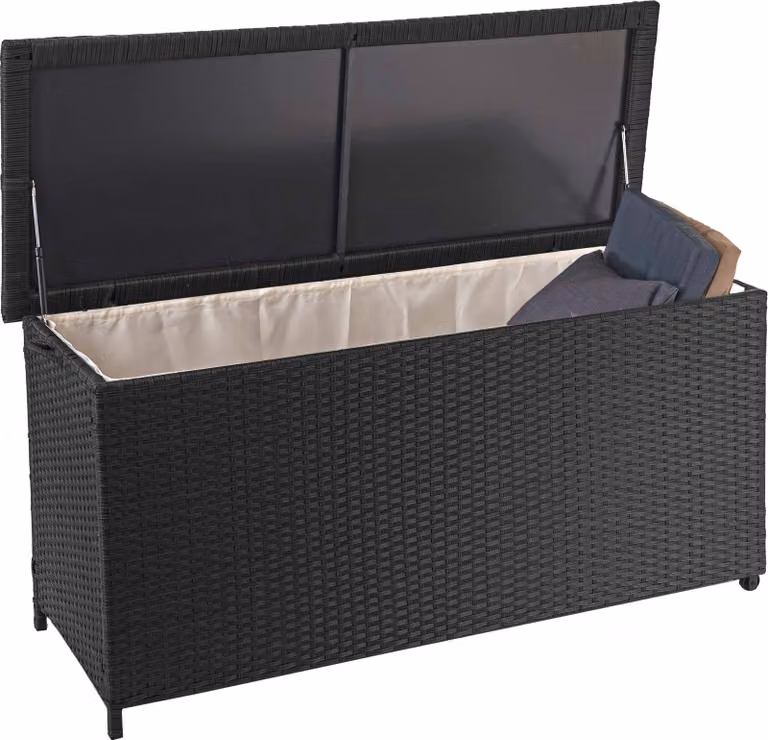 Contenitore per cuscini in polyrattan MCW-D88, cassapanca da giardino ~ Premium nero, 63x135x52 cm, 320 l