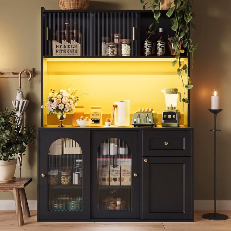 Armadio da cucina con illuminazione a LED, vetrina, dimensioni 120x35x167 cm, colore nero