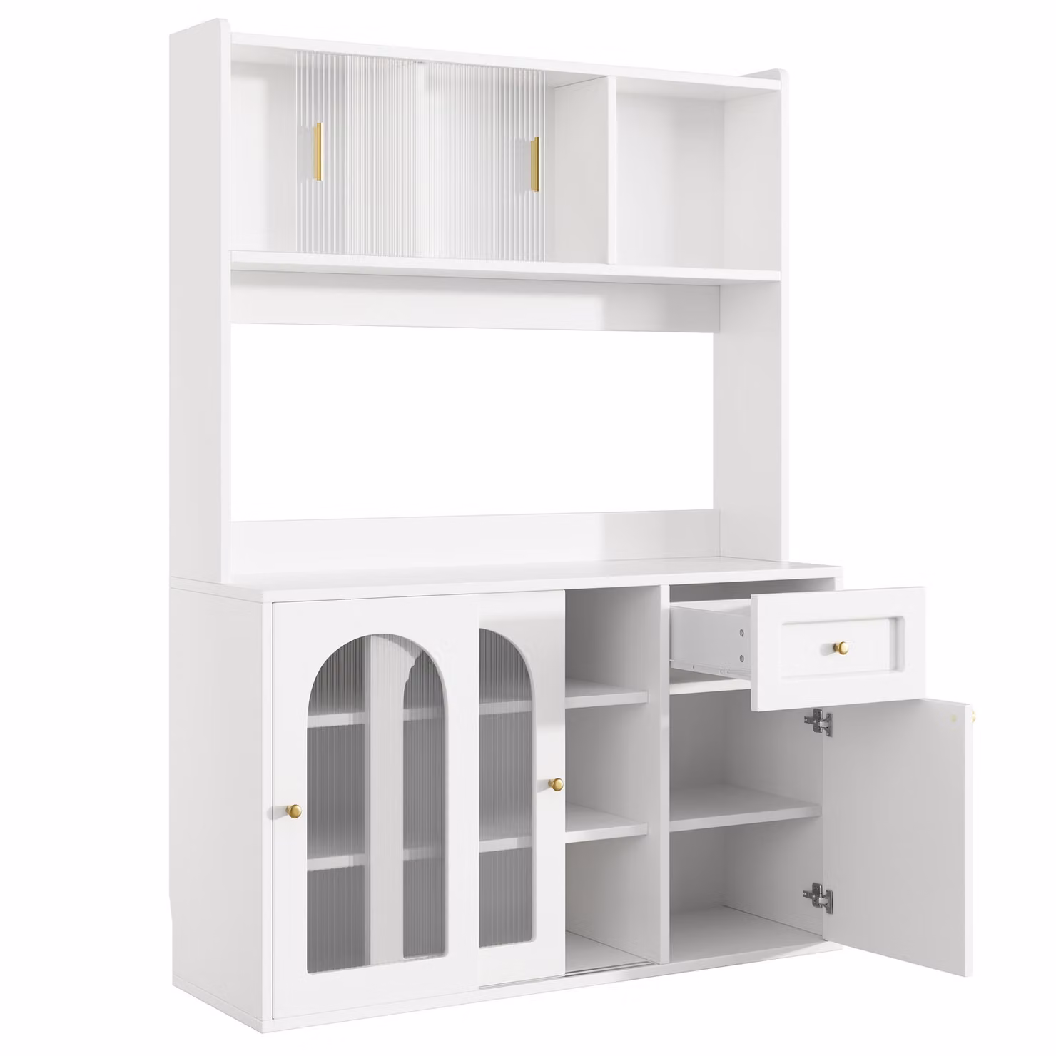 Colonna Flieks 120x35x167 cm, buffet da cucina con LED, mobile contenitore con ante scorrevoli in vetro, bianco