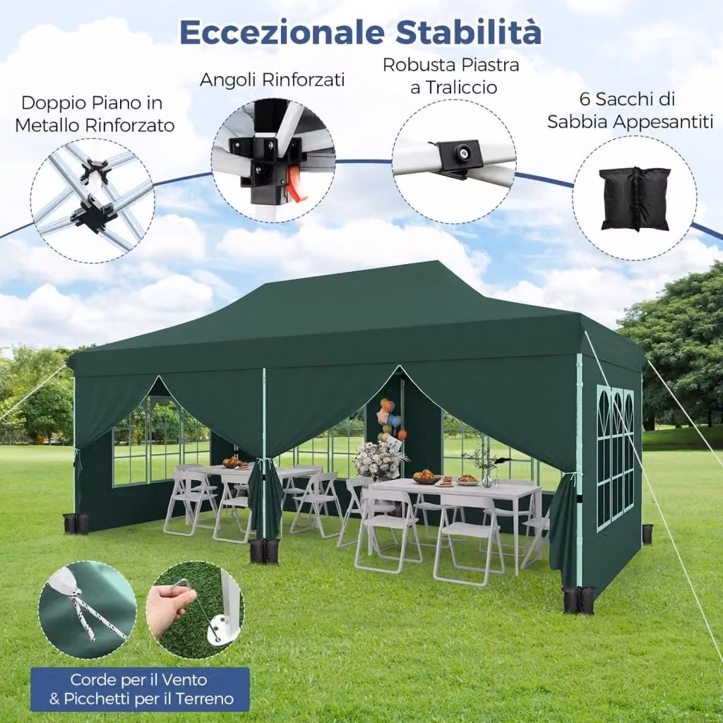 Gazebo da Giardino Pop-up Costway Verde con 6 Pannelli Laterali Rimovibili e Protezione UPF 50+ L: 600 cm, P: 300 cm, H: 316 cm – 2