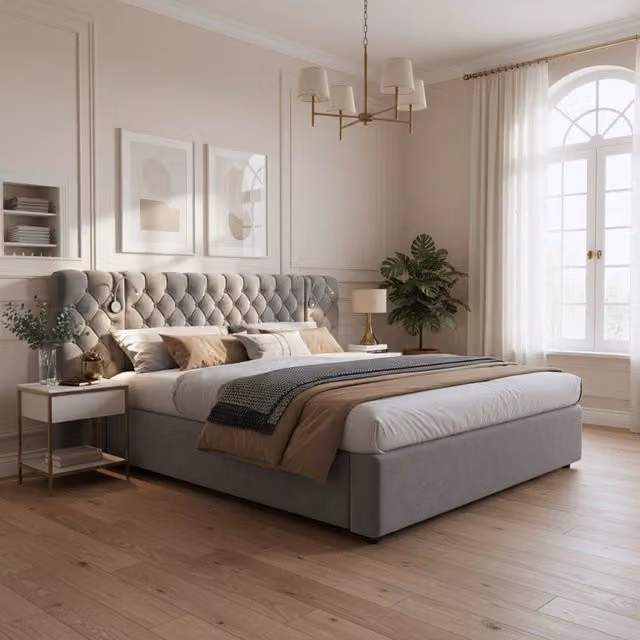Letto Imbottito Contenitore Matrimoniale LED ¨C MINIMAL ¨C Velluto Grigio 160x200 con Doghe e Testiera