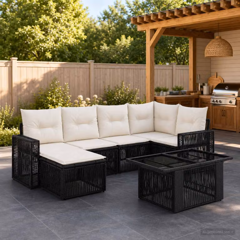 vidaXL Set Divano da Giardino 7 pz in Polyrattan Nero e Bianco Crema con Tavolino e Cuscini