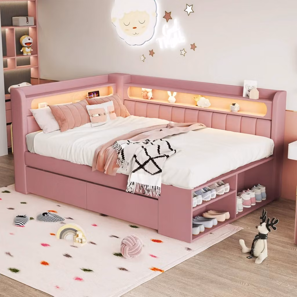 Divano letto imbottito moderno con USB, LED, scarpiera e 2 cassetti, rosa, L: 90 cm, P: 200 cm – 2