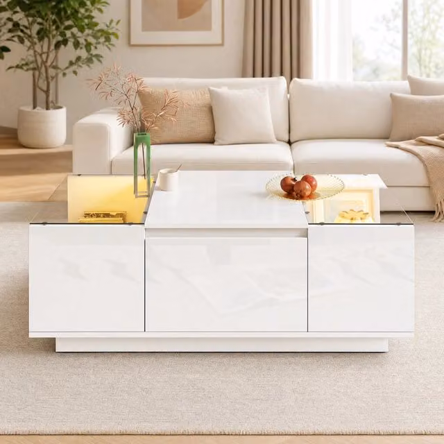Tavolino da salotto moderno MODFU bianco lucido con piano in vetro L: 105 cm, P: 50 cm, H: 35 cm