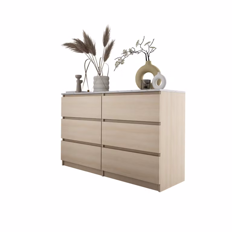 Cassettiera 6 cassetti, rovere-Lindberg/marmo bianco, 120 x 78 x 39 cm