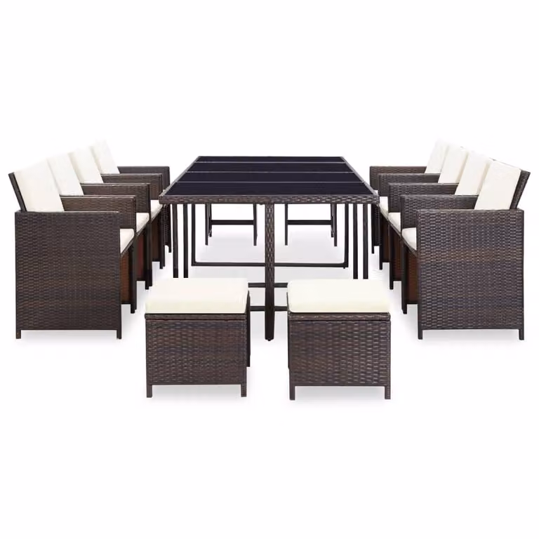 Set da Pranzo da Giardino 13 pz con Cuscini Polyrattan Marrone
