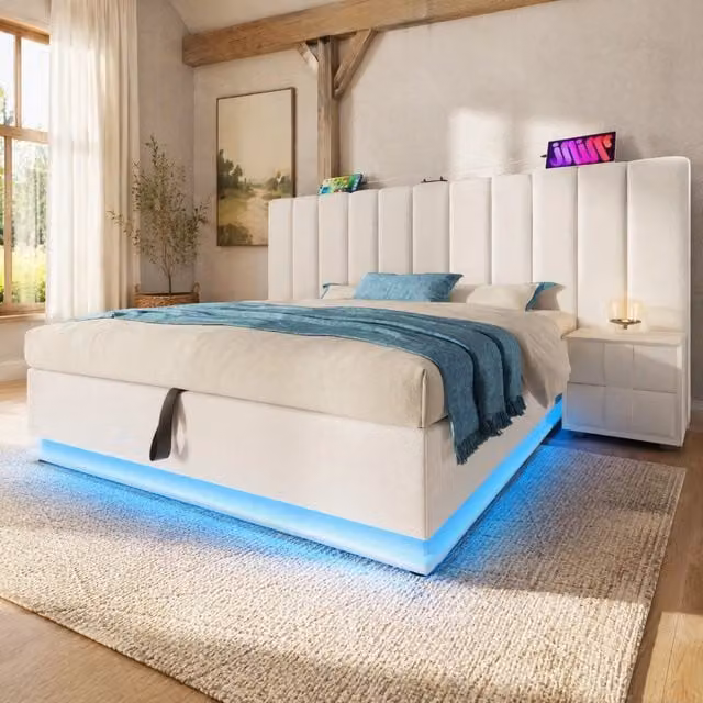 Letto matrimoniale contenitore 180x200 cm con LED 360° e ricarica USB-C; PU bianco