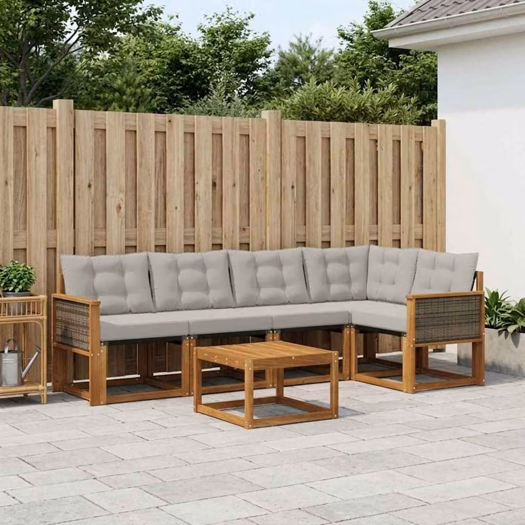 Set di divani da esterno vidaXL a forma di L in legno di acacia con tavolo da caffè, 6 pezzi, beige e grigio