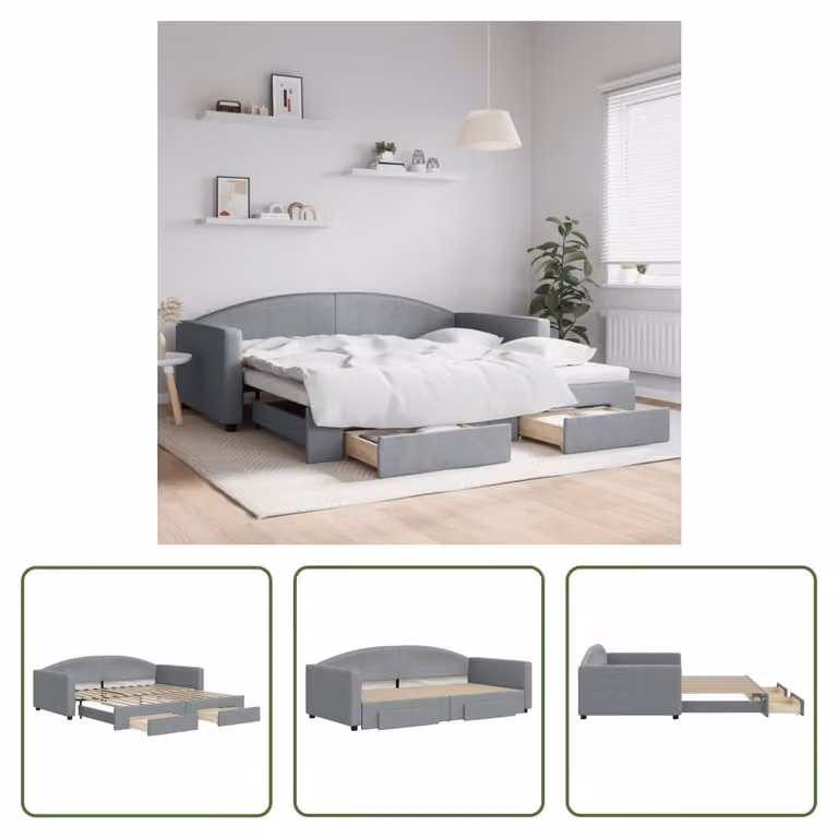 The Living Store Letto da giorno allungabile con cassetti grigio chiaro 100x200 cm tessuto