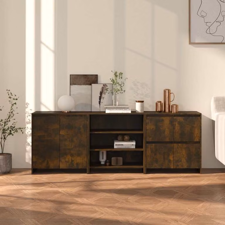 Set di 3 credenze vidaXL in legno multistrato Rovere Fumo, colore marrone, design moderno e sospeso a parete