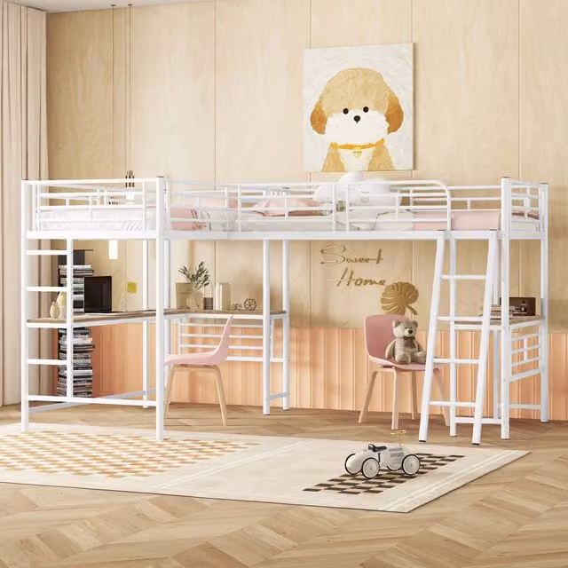 Letto alto 90×200 cm in metallo e MDF bianco con scrivania sotto il piano, doppia scala con corrimano e sponde alte, senza materasso