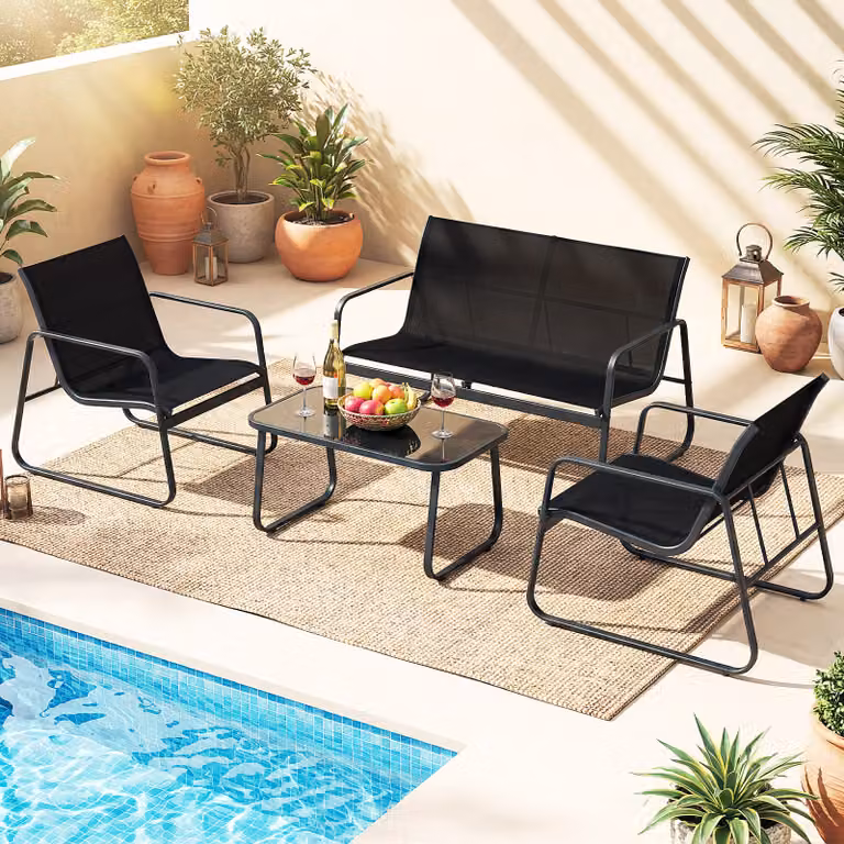 Set da giardino Costway 4 pezzi composto da divani, poltrone e tavolino con vetro temperato in colore nero e cuscini rimovibili