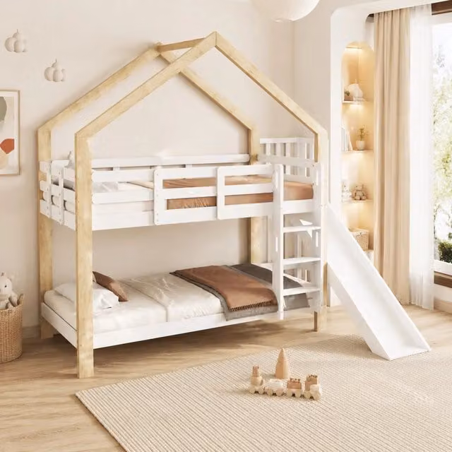 Letto a castello 90x200 cm bianco, in legno e MDF con scivolo