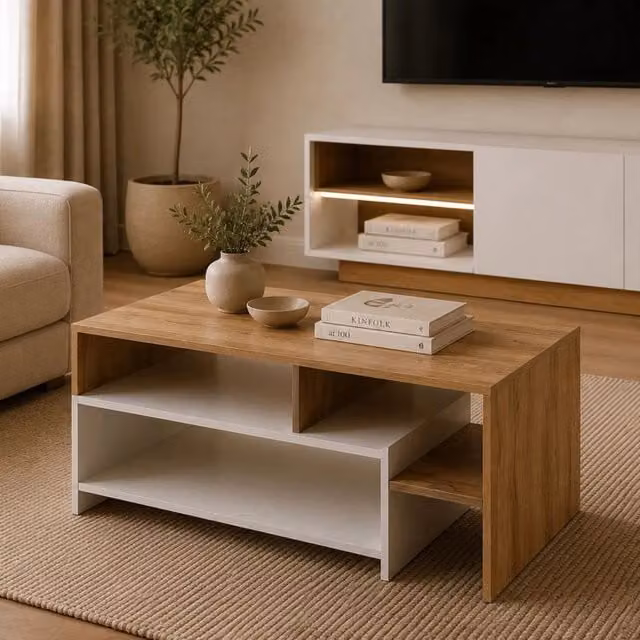 DMORA Tavolino da Salotto Moderno Rettangolare in Legno Colore Marrone e Bianco L/P/H: 60 x 31,5 x 53 cm – 1