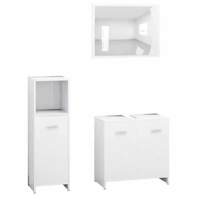 Set Mobili da Bagno Moderno Bianco in Legno Laccato composto da Mobile Lavabo, Armadietto Pensile, Colonna e Specchio con L/P/H: 60 x 45 x 95 cm