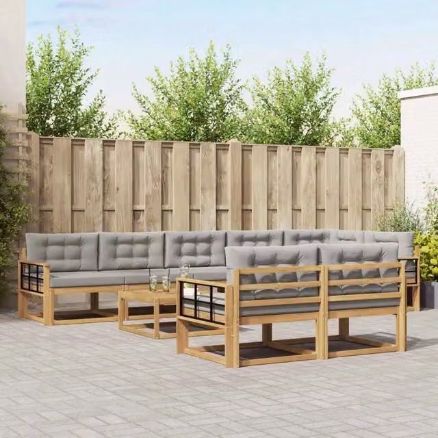 Set di divani da esterno a forma di U vidaXL in legno di acacia con cuscini, bianco e grigio – 1