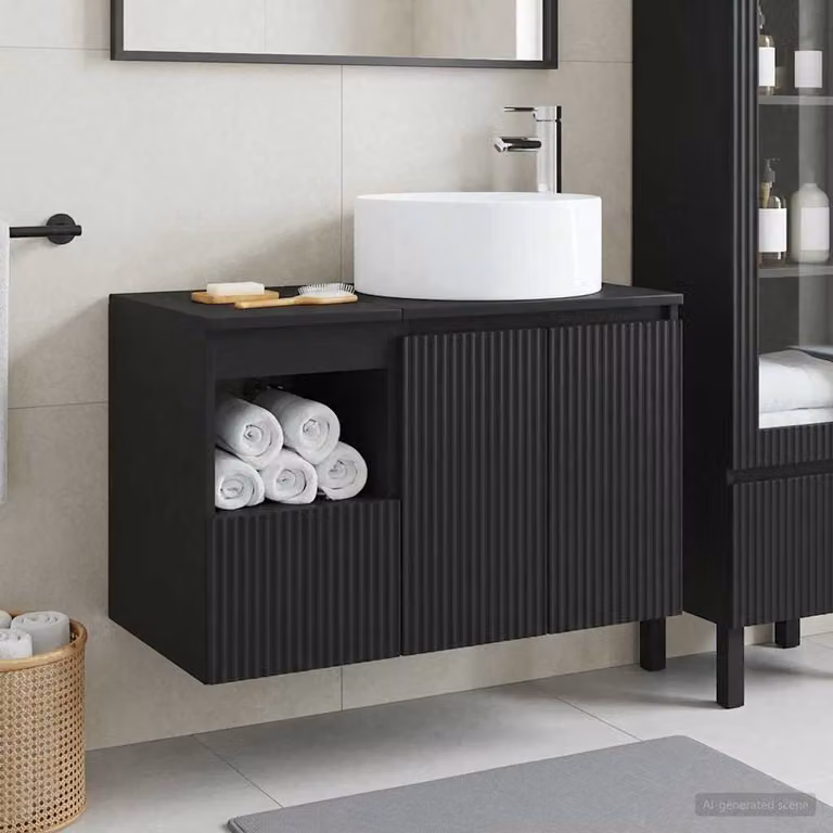 Set di mobili da bagno moderni vidaXL composto da mobile lavabo e pensile a muro in MDF nero opaco L/P/H: 80,0 x 44,5 x 49,5 cm e 37,7 x 44,5 x 49,5 cm