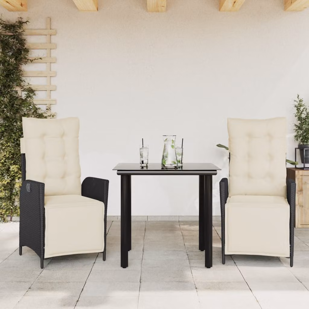 Set da pranzo da giardino vidaXL in polyrattan nero con cuscini e piano in vetro – 1
