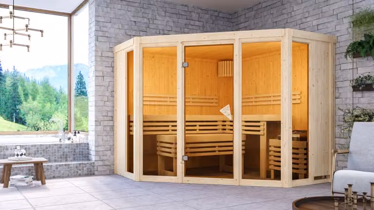 Sauna Alcinda: senza illuminazione sul soffitto. Forno finlandese da 9 kW + centralina Easy Finn. Sauna con illuminazione sul soffitto: senza illuminazione sul soffitto. Forno della sauna: forno finlandese da 9 kW + centralina Easy Finn