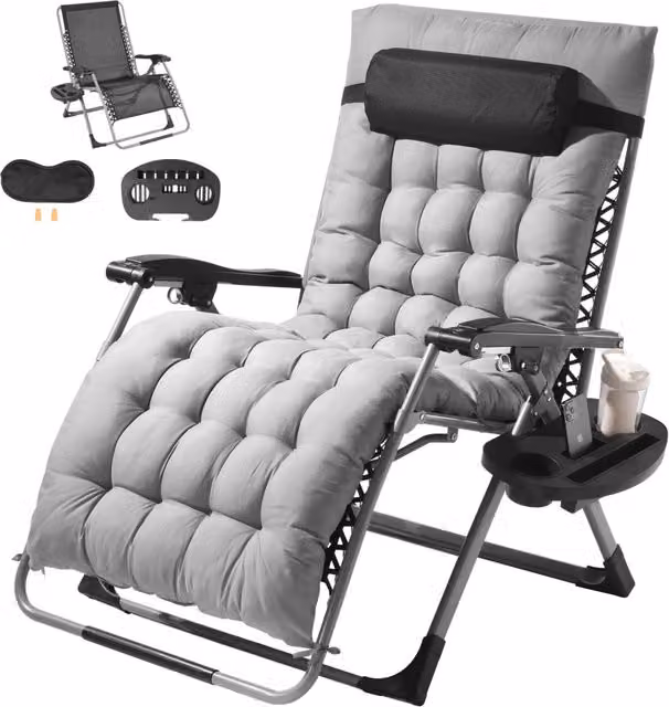 Poltrona Relax a Gravità Zero HQB-FAN004 Pieghevole da Giardino, Sedia Sdraio Reclinabile 90°-170° con Portabicchieri e Poggiatesta, Grigio 226,8 kg