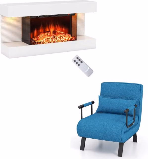 Camino elettrico stufa da 750W/1500W e divano letto trasformabile, Camino elettrico da parete a 3 lati e divano chaise lounge Blu