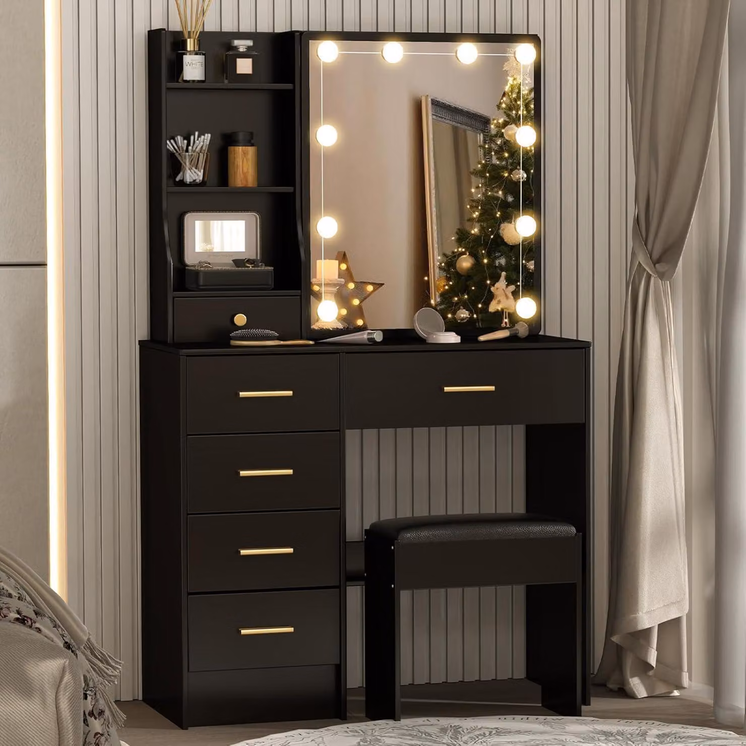 Tavolino da toilette con illuminazione e sgabello, nero, tavolo cosmetico 80x36x130CM
