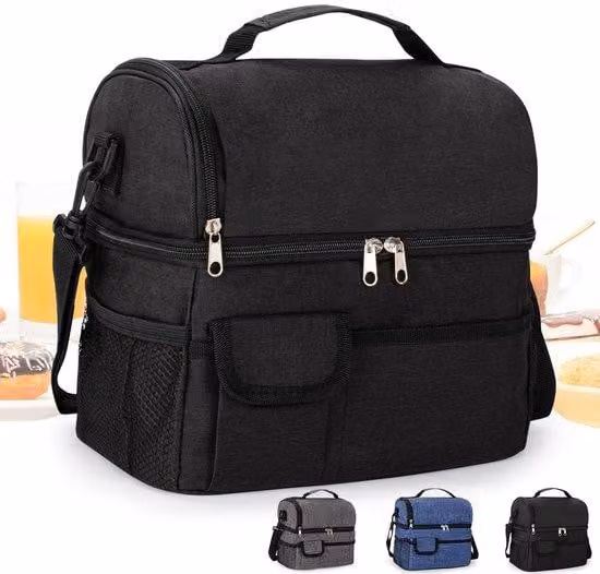 BalladHome Borsa termica da pranzo 10 L Borsa termica isolata Borsa da pranzo portatile a doppio scomparto con tracolla regolabile per donna, uomo, scuola e ufficio (Nero)-A